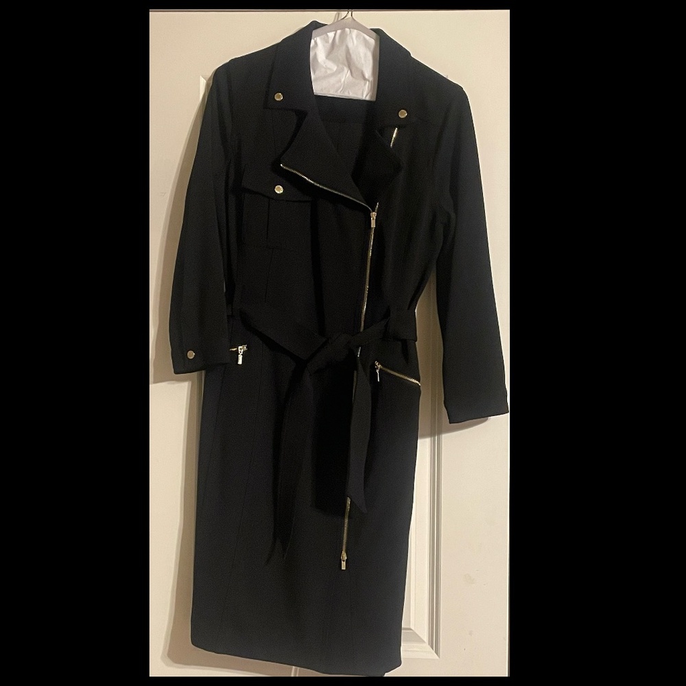 Calvin Klein 3/4 sleeve coat dress zippers/buttons black size 8